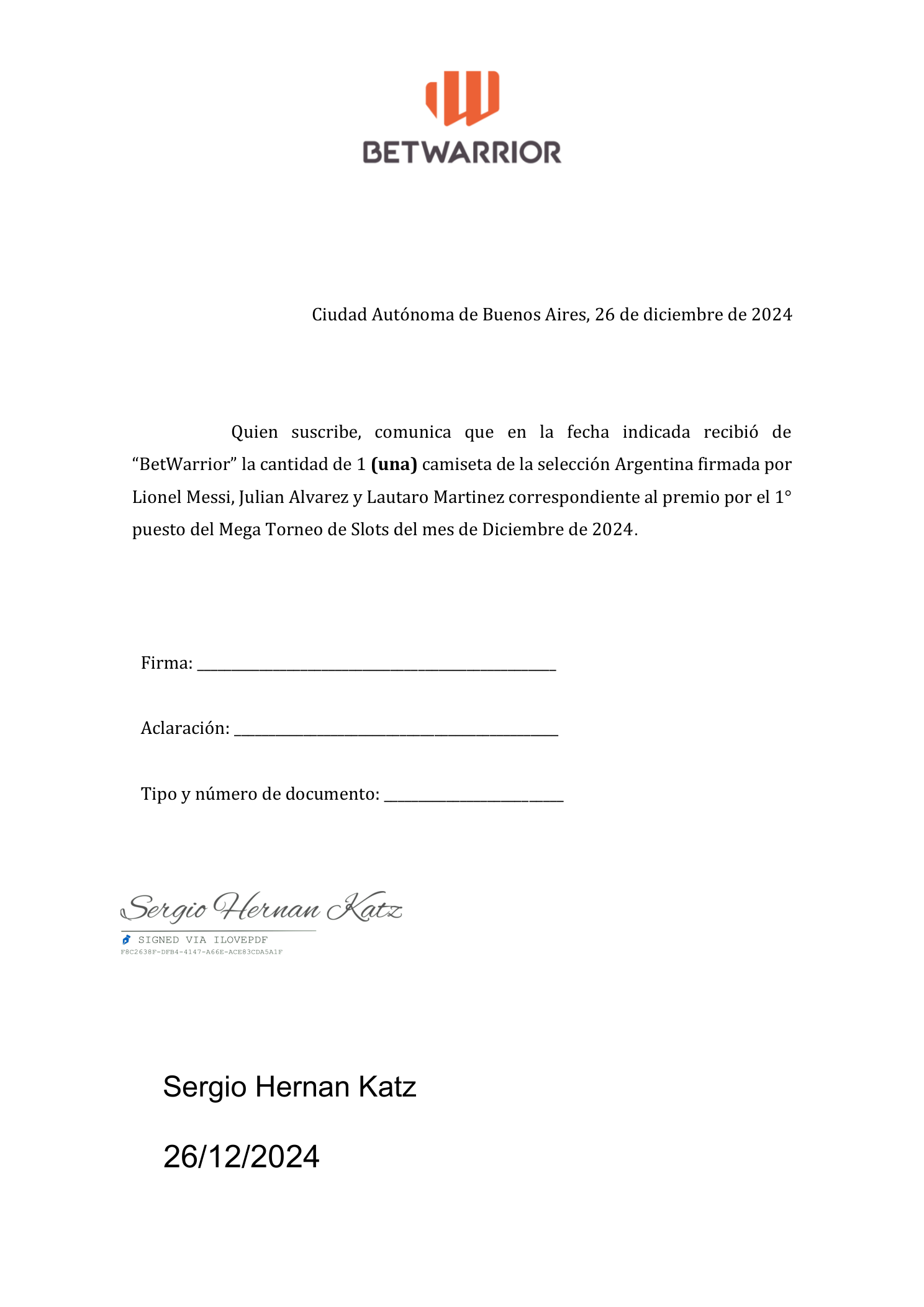Certificado oficial BetWarrior — Regalos VIP
