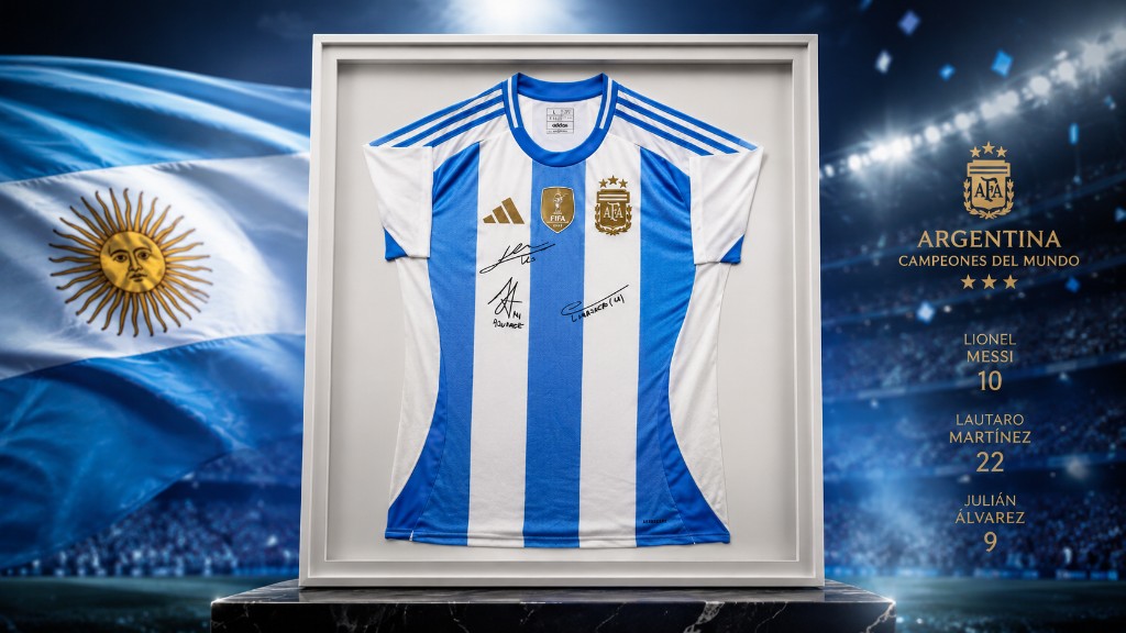 Camiseta oficial Argentina Campeones del Mundo firmada, enmarcada con bandera albiceleste — CÁBALA 2026